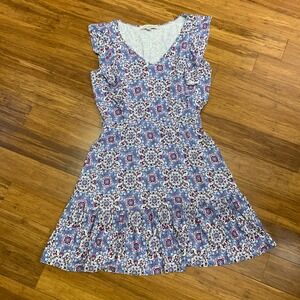 LOFT‎ Petites Womens Ruffle Sleeve V Neck Tiered Dress Blue Floral Print Size MP